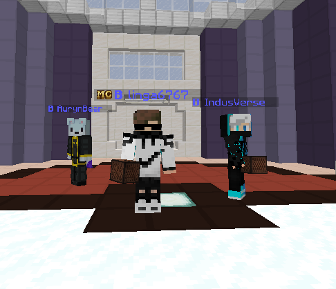 Minecraft screenshot: my player in sunglasses and a white jacket standing in a lobby under the linga676767 nametag, beside two other players