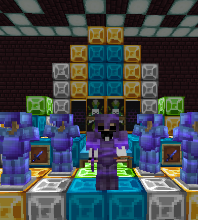 Minecraft screenshot: a player in a dark purple hooded outfit surrounded by armour stands in purple armour and a wall of coloured blocks